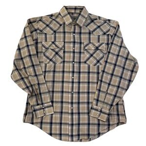 Vintage 80’s Levi Strauss Pearl-Snap Western Shirt Black/Tan Plaid Korea Large